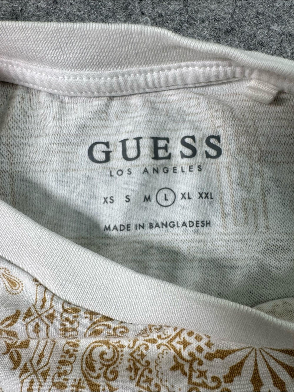GUESS Men's White Tee with Gold and Light Blue Ornamental Print - Picture 3 of 6